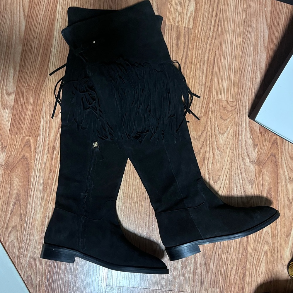 Black Suede Fringe Knee-High Boots
